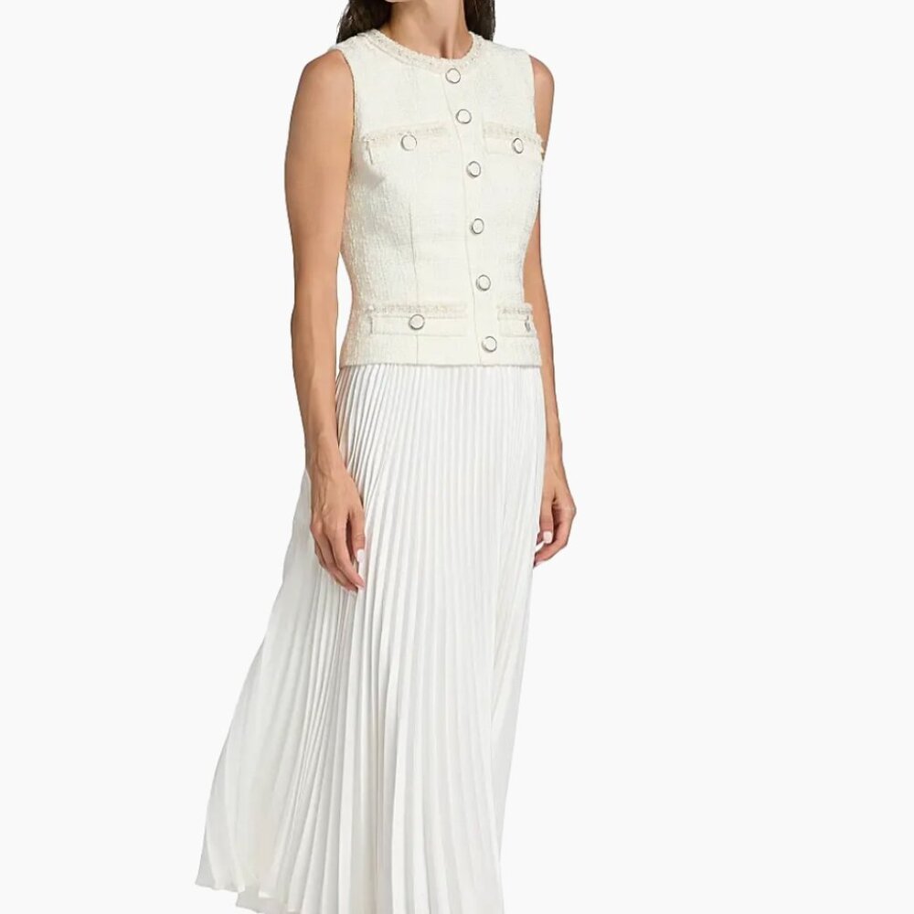 MILLY Pleated Bouclé Mixed-Media Midi-Dress in white Size 8 NWOT